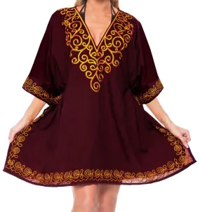 Women's Neck Embroidered Bikini Swimwear Swimsuit Beach Blouse Cover up Brown