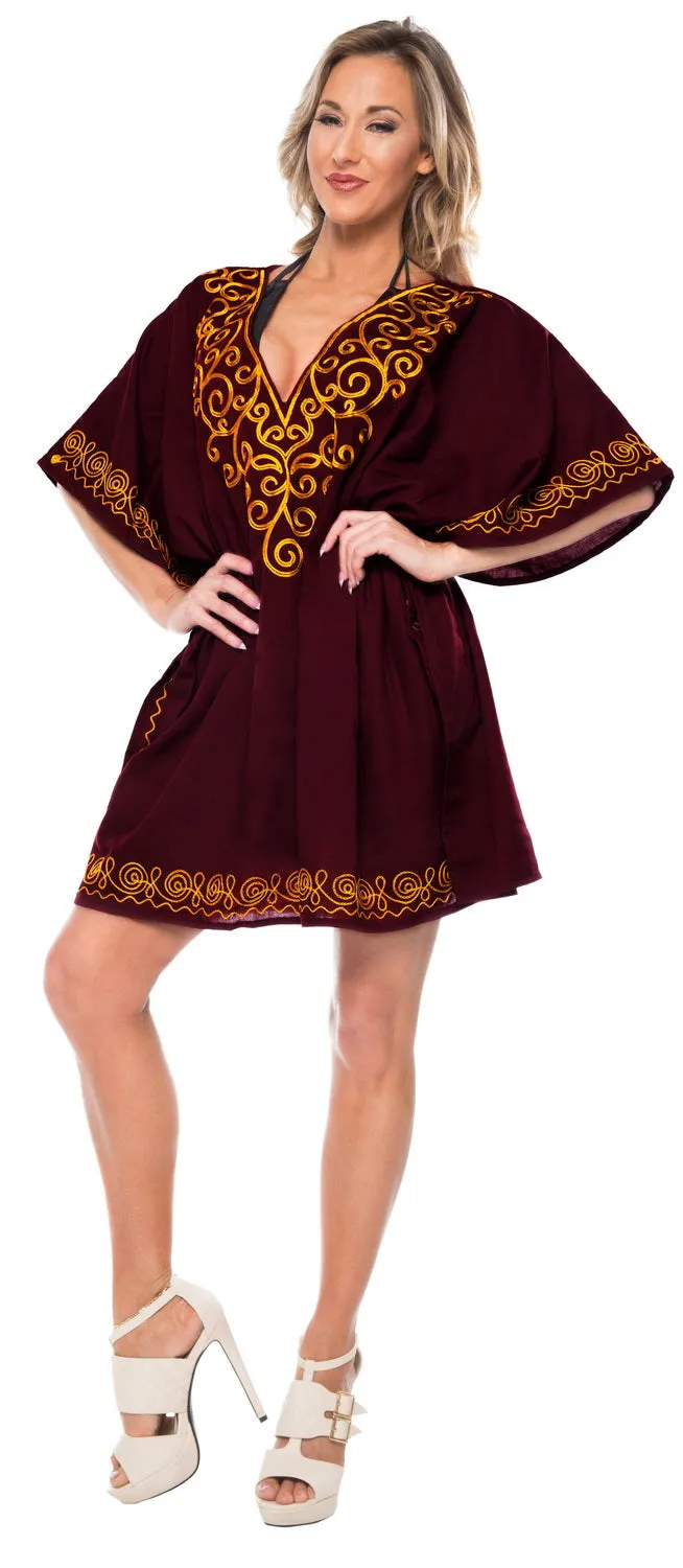 Women's Neck Embroidered Bikini Swimwear Swimsuit Beach Blouse Cover up Brown