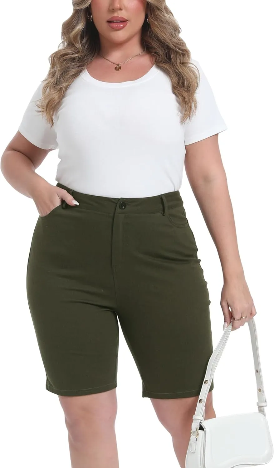 Womens Plus Size Bermuda Shorts Stretchy High Waisted Summer Casual Midi Shorts