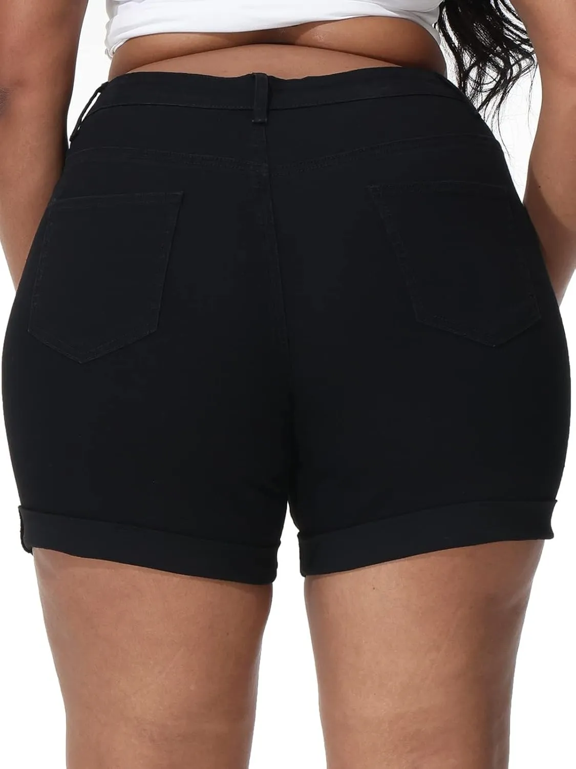 Womens Plus Size Jean Shorts Stretchy High Waisted Distressed Fold Hem Denim Shorts
