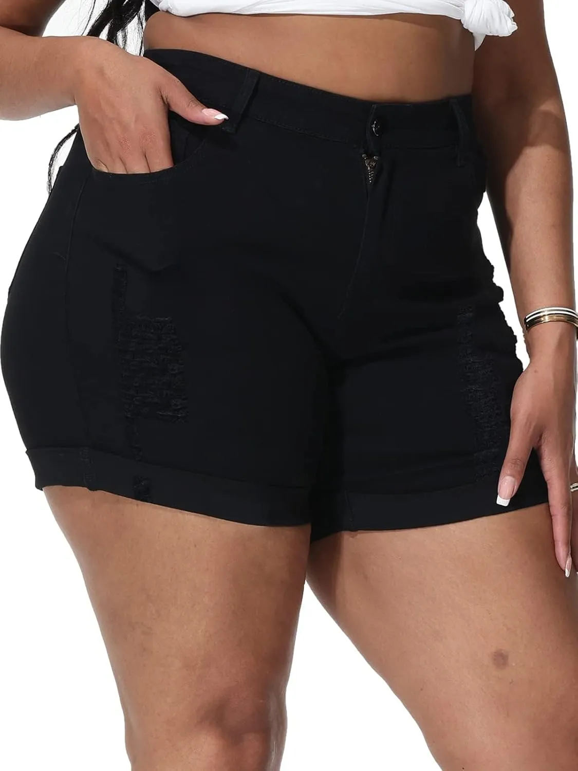Womens Plus Size Jean Shorts Stretchy High Waisted Distressed Fold Hem Denim Shorts
