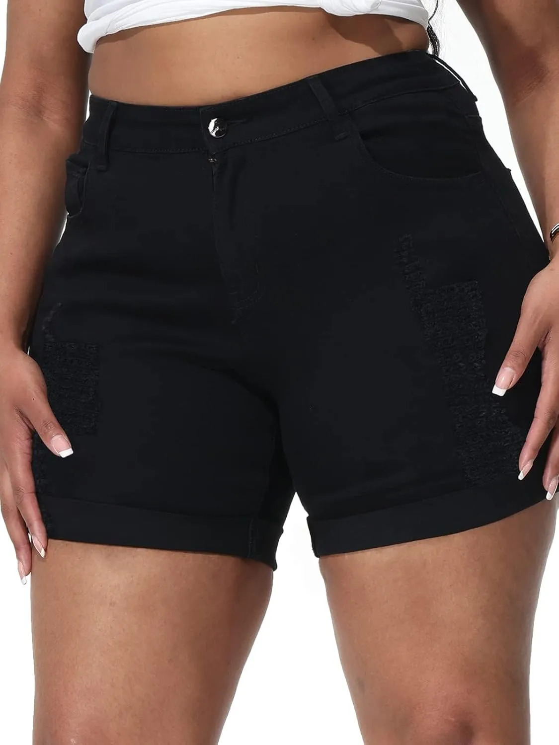 Womens Plus Size Jean Shorts Stretchy High Waisted Distressed Fold Hem Denim Shorts