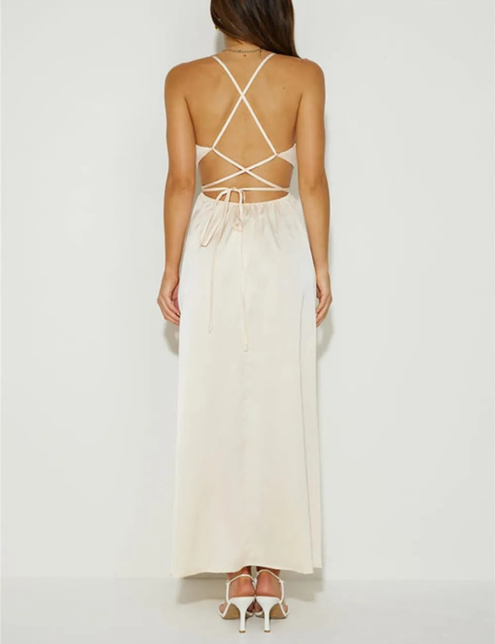 Women's Satin Cowl Neck Backless Maxi Dress Sexy Tie Back Spaghetti Strap Ruched Wedding Guest Slit Long Dresses