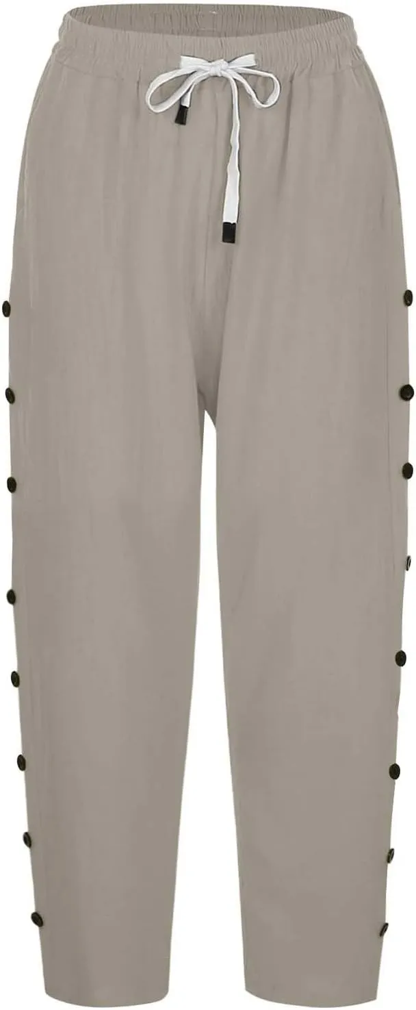 Women's Striped Linen Pants Casual Lightweight Spring Summer Pants 2025 Pinstripe Button Down Trousers with Pockets
