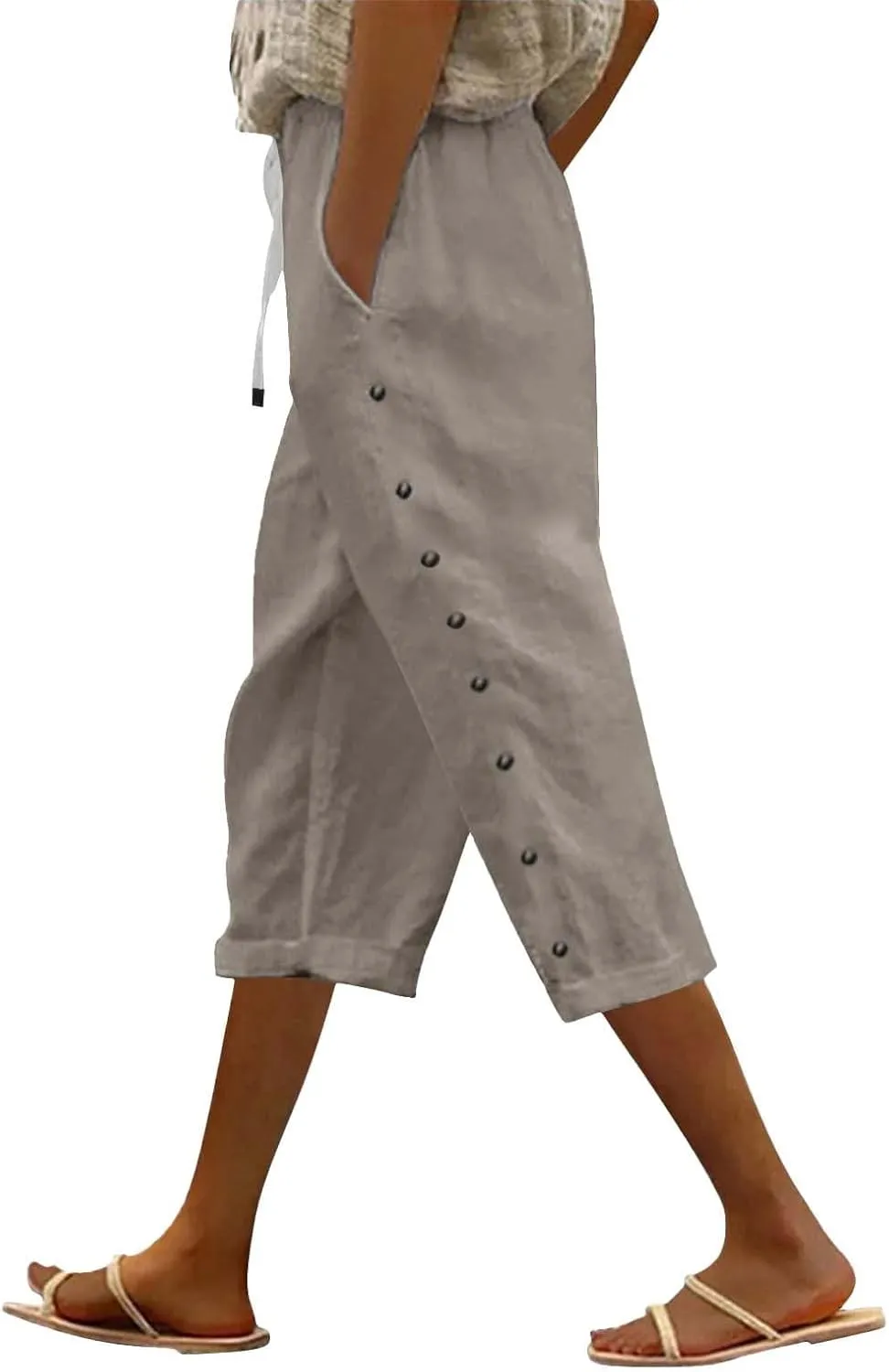 Women's Striped Linen Pants Casual Lightweight Spring Summer Pants 2025 Pinstripe Button Down Trousers with Pockets