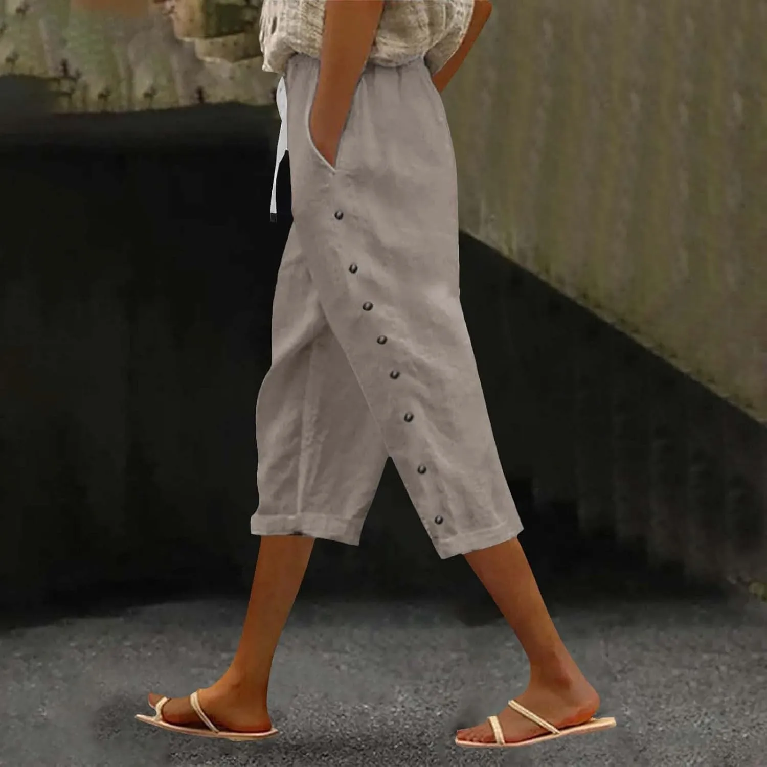 Women's Striped Linen Pants Casual Lightweight Spring Summer Pants 2025 Pinstripe Button Down Trousers with Pockets