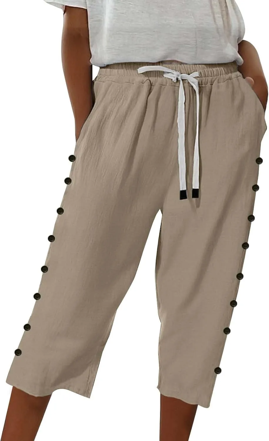 Women's Striped Linen Pants Casual Lightweight Spring Summer Pants 2025 Pinstripe Button Down Trousers with Pockets