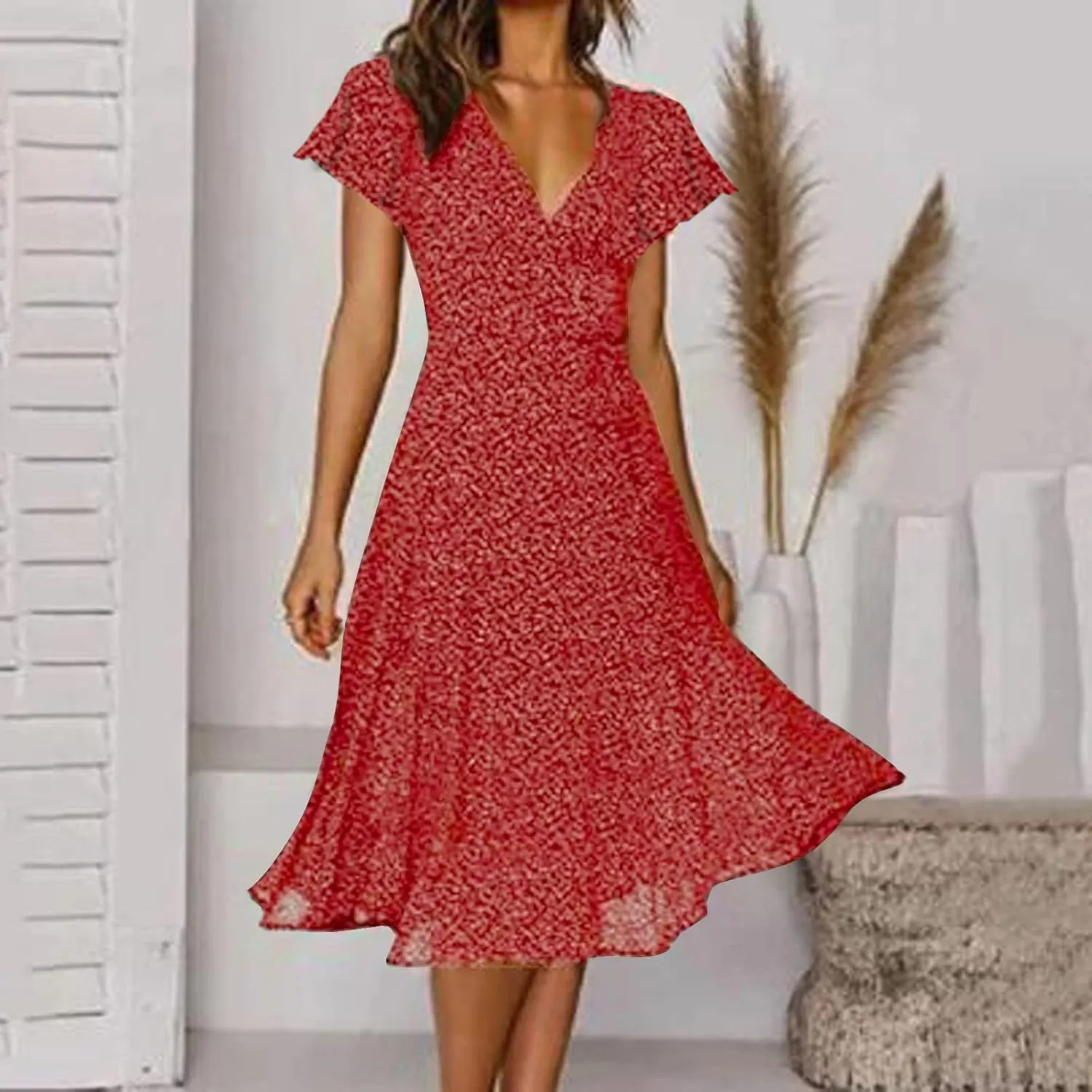 Womens Summer Dresses Casual Polka Dot Smocked Dress V Neck Short Sleeve Flowy Boho Midi Dress Vacation Beach Dress