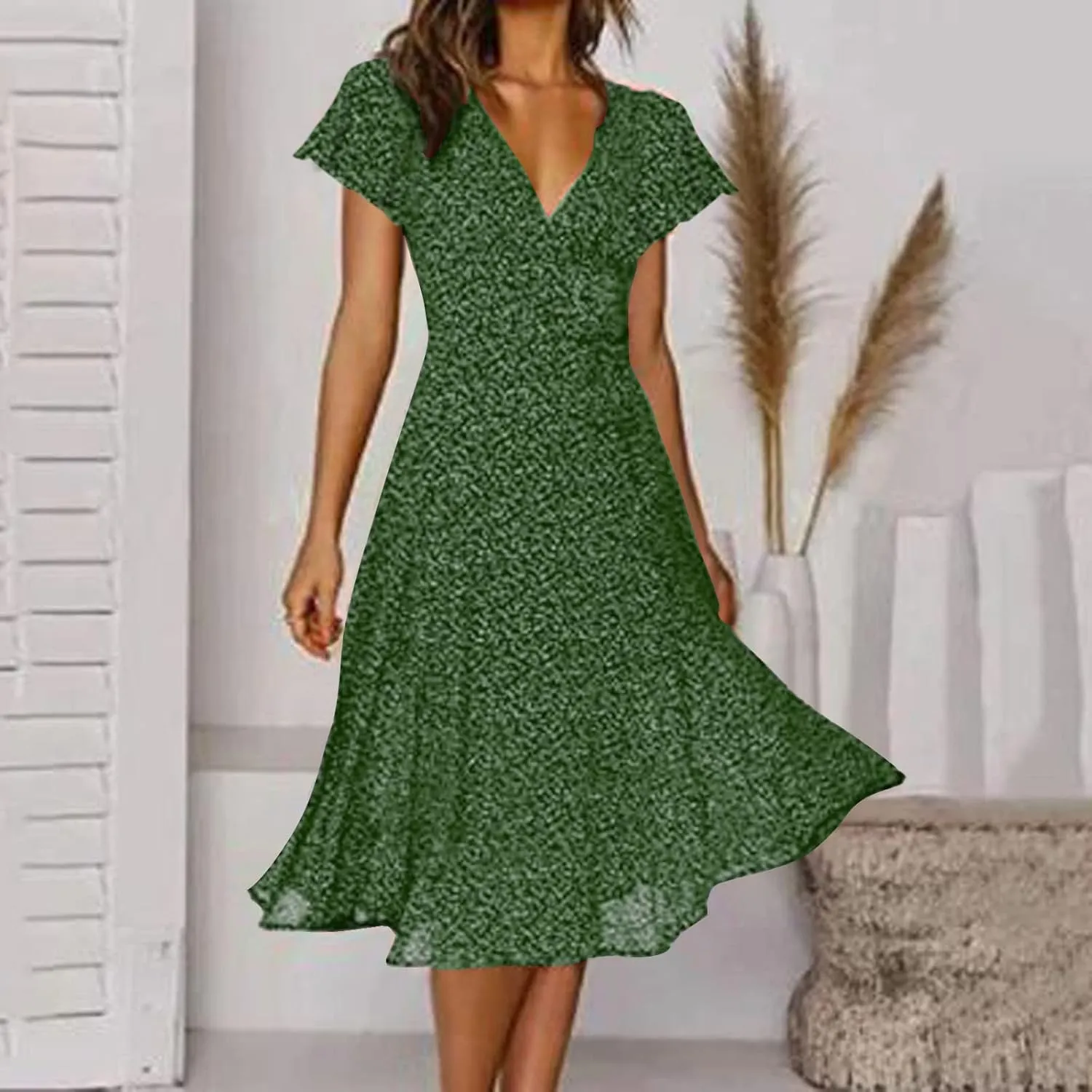 Womens Summer Dresses Casual Polka Dot Smocked Dress V Neck Short Sleeve Flowy Boho Midi Dress Vacation Beach Dress