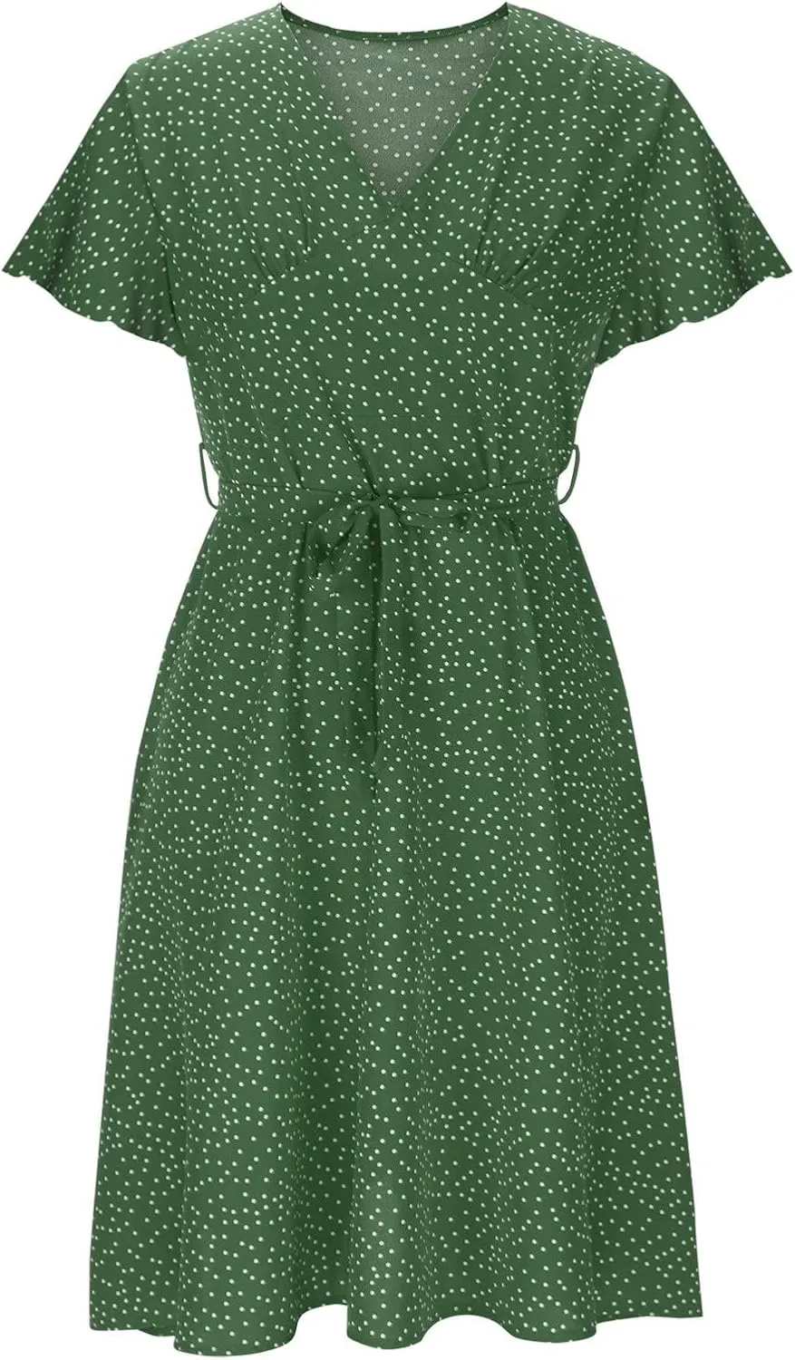 Womens Summer Dresses Casual Polka Dot Smocked Dress V Neck Short Sleeve Flowy Boho Midi Dress Vacation Beach Dress