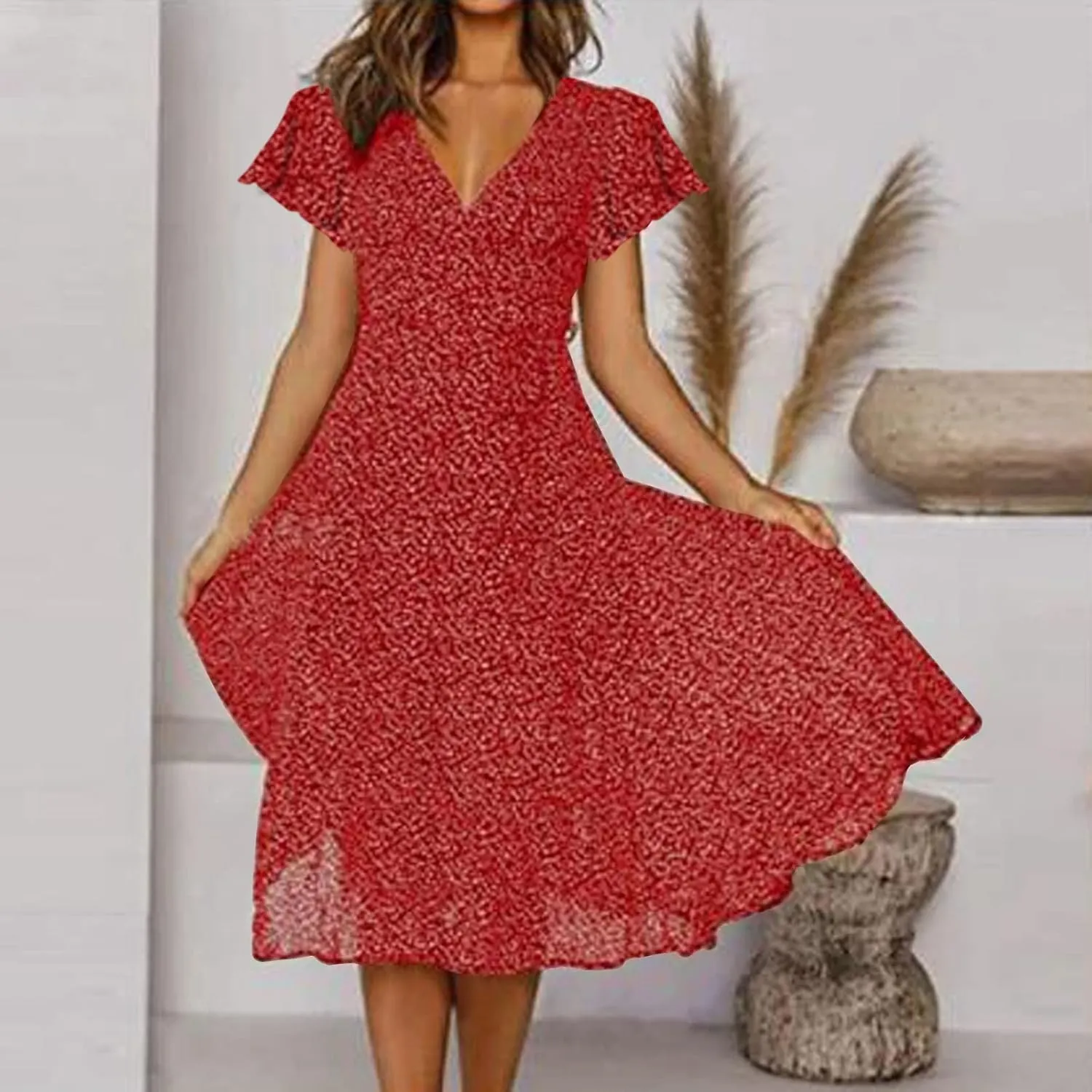 Womens Summer Dresses Casual Polka Dot Smocked Dress V Neck Short Sleeve Flowy Boho Midi Dress Vacation Beach Dress