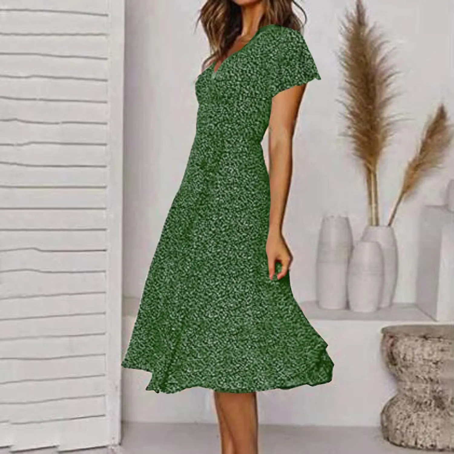Womens Summer Dresses Casual Polka Dot Smocked Dress V Neck Short Sleeve Flowy Boho Midi Dress Vacation Beach Dress