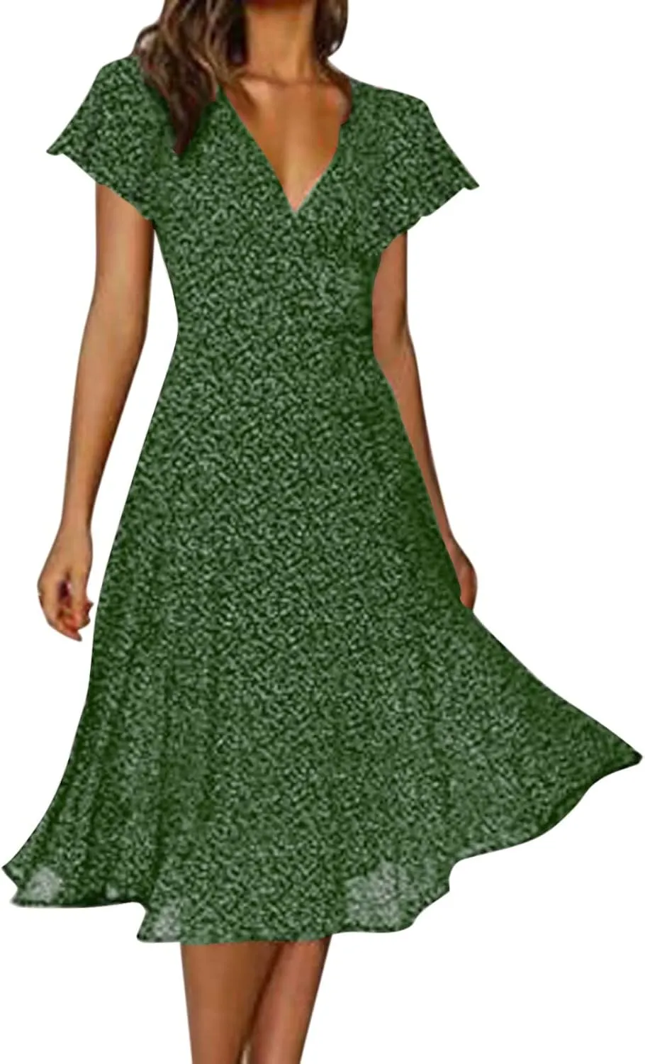 Womens Summer Dresses Casual Polka Dot Smocked Dress V Neck Short Sleeve Flowy Boho Midi Dress Vacation Beach Dress
