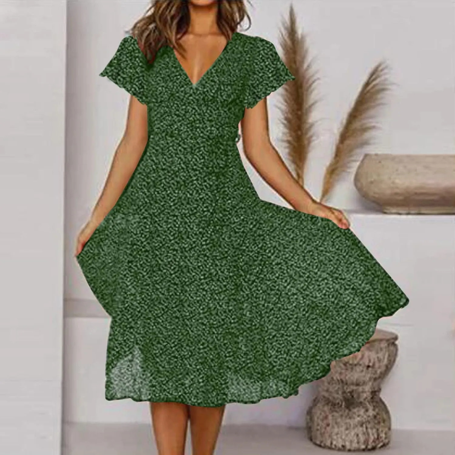Womens Summer Dresses Casual Polka Dot Smocked Dress V Neck Short Sleeve Flowy Boho Midi Dress Vacation Beach Dress