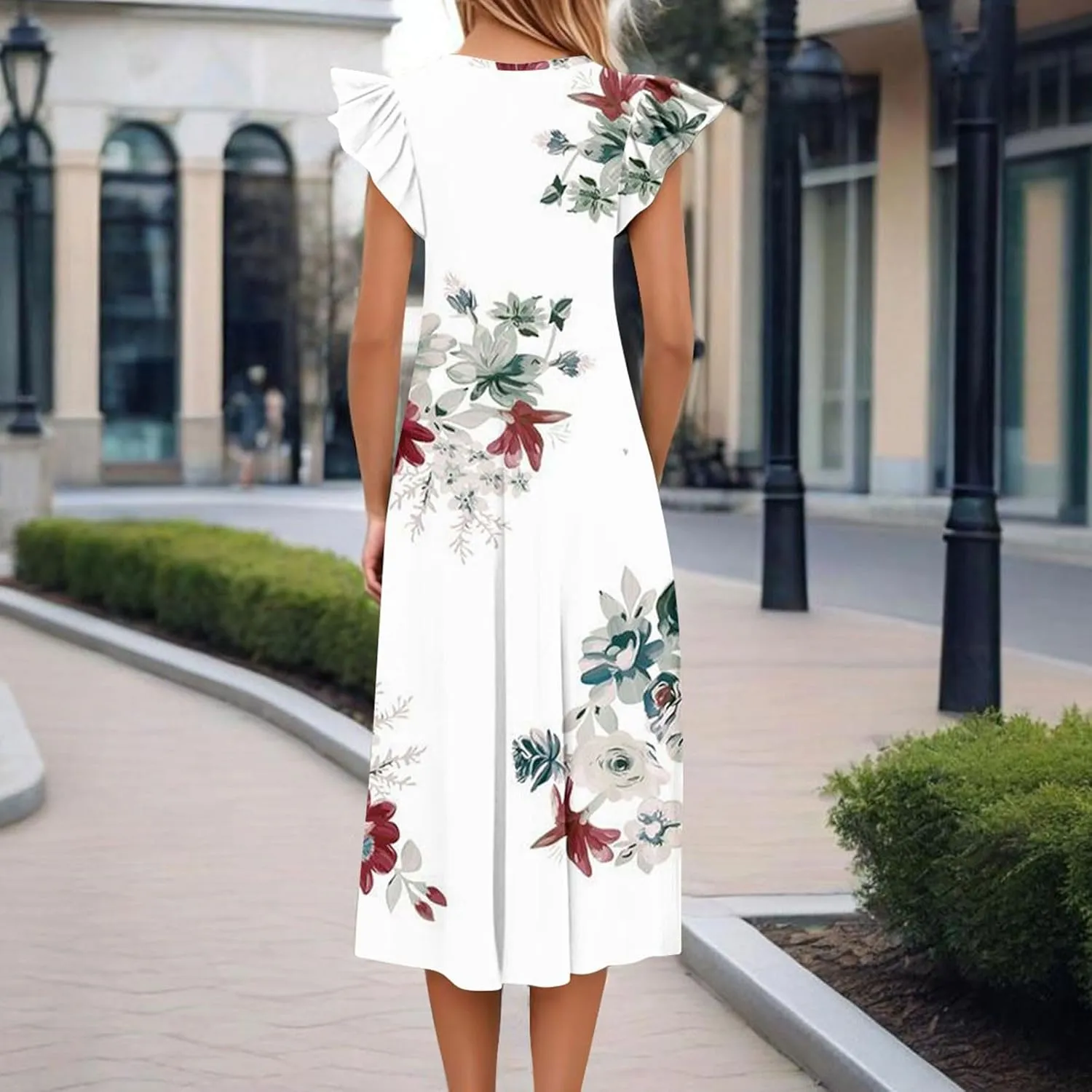 Women's Summer Floral Midi Dresses with Pockets, Flared Sleeve Round Neck Flowy Long Beach Beach Sundress