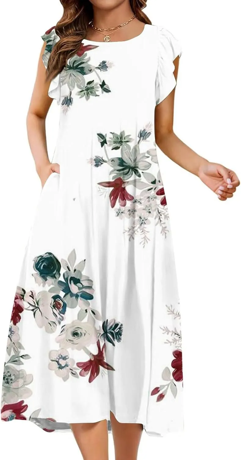 Women's Summer Floral Midi Dresses with Pockets, Flared Sleeve Round Neck Flowy Long Beach Beach Sundress
