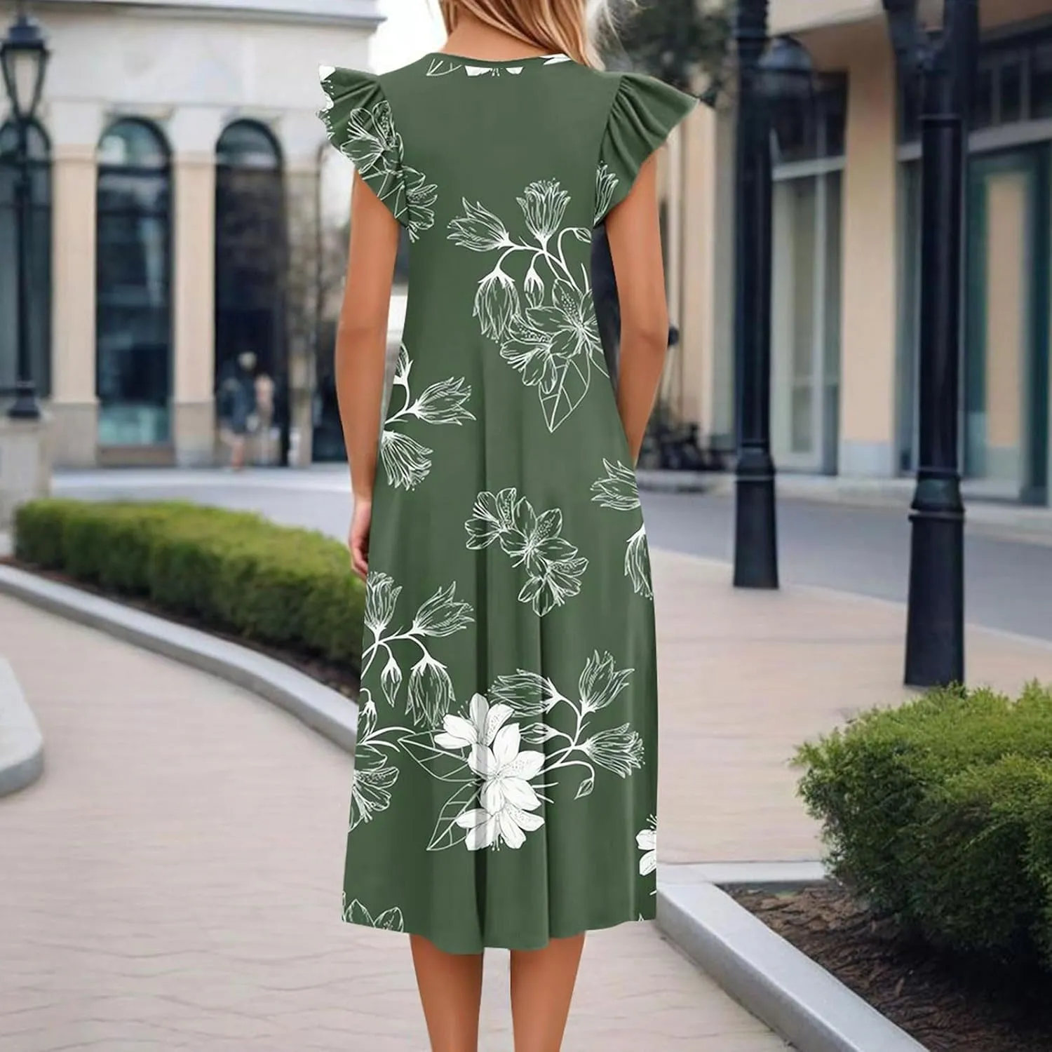 Women's Summer Floral Midi Dresses with Pockets, Flared Sleeve Round Neck Flowy Long Beach Beach Sundress