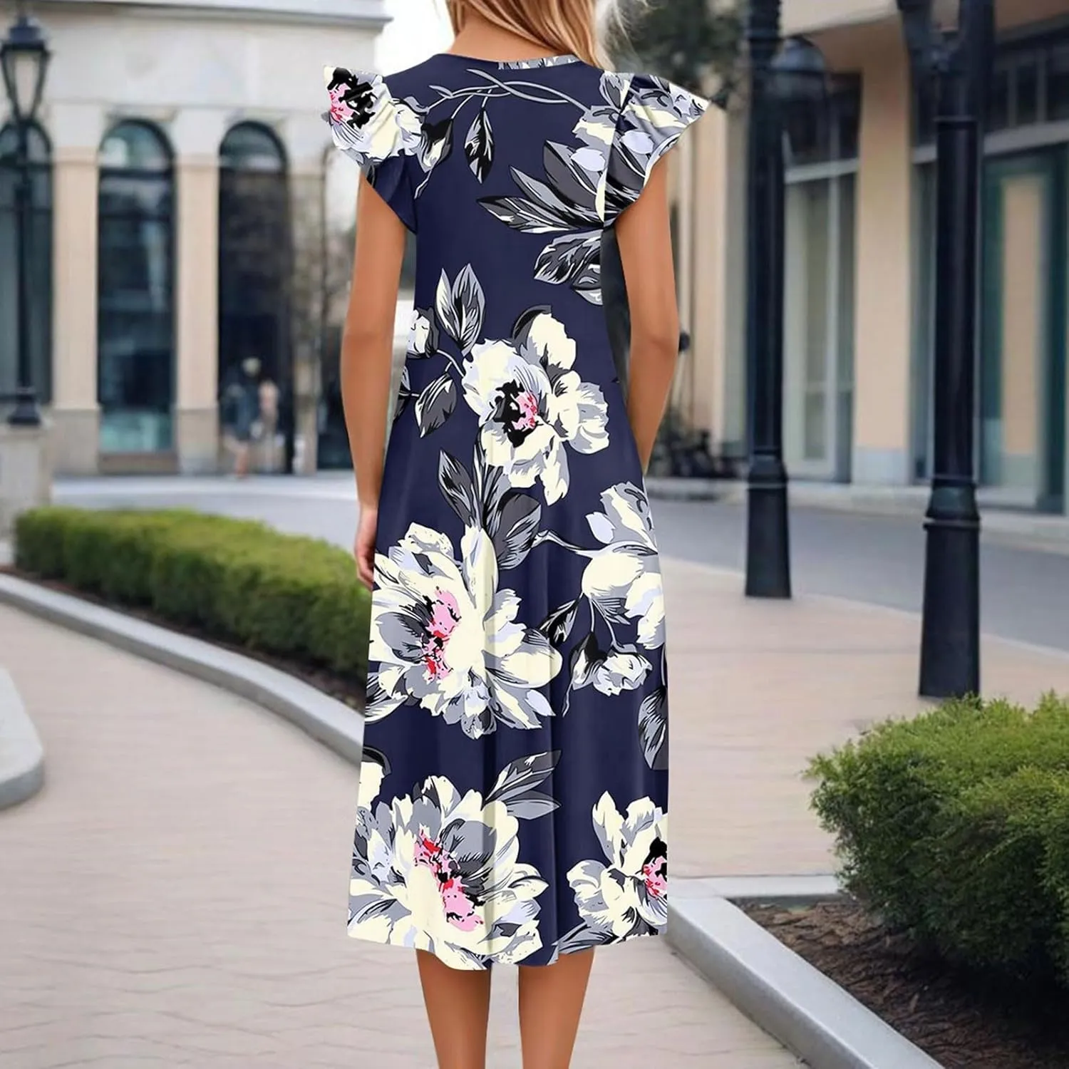 Women's Summer Floral Midi Dresses with Pockets, Flared Sleeve Round Neck Flowy Long Beach Beach Sundress