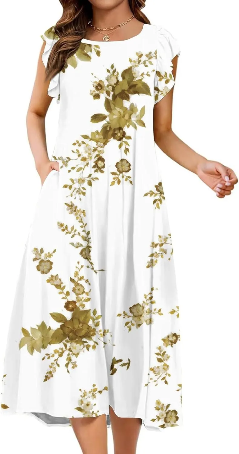 Women's Summer Floral Midi Dresses with Pockets, Flared Sleeve Round Neck Flowy Long Beach Beach Sundress