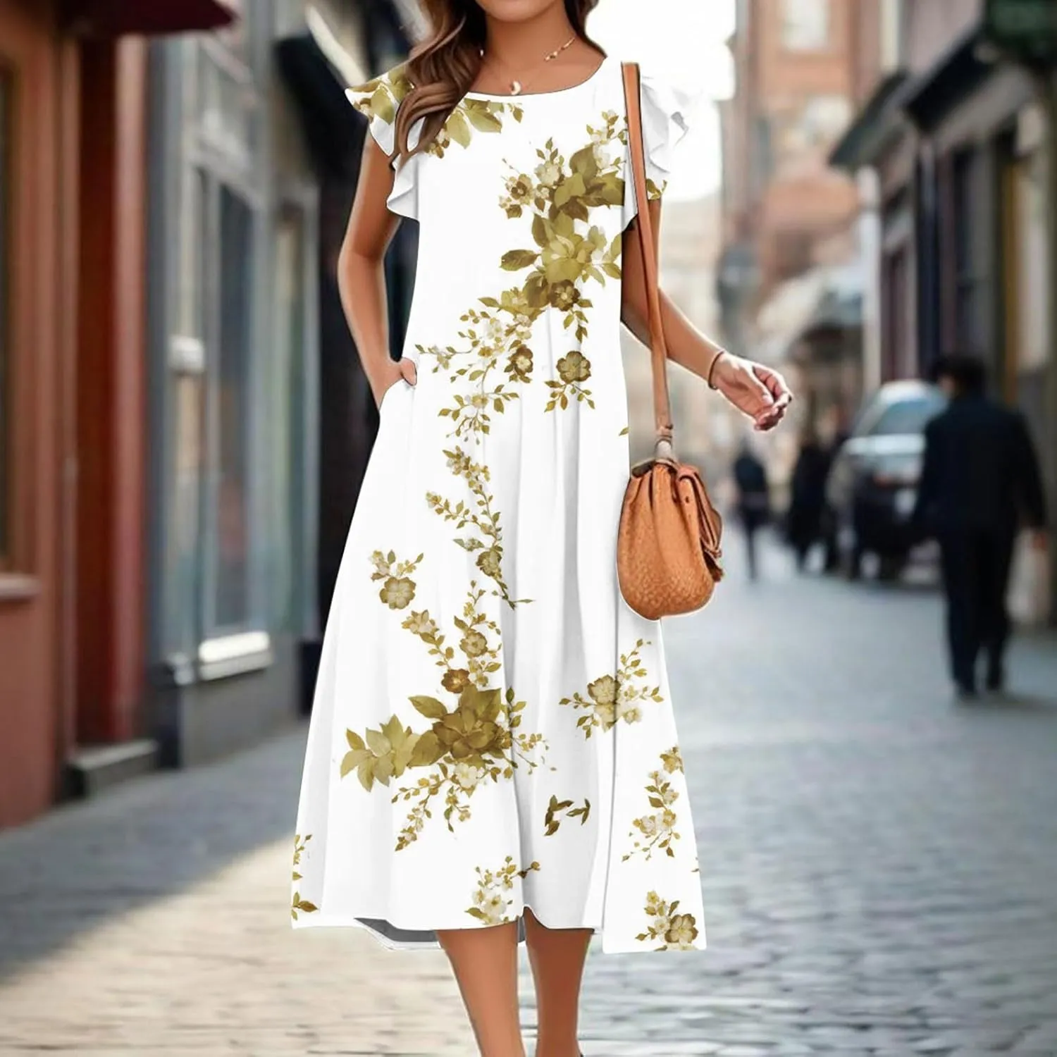 Women's Summer Floral Midi Dresses with Pockets, Flared Sleeve Round Neck Flowy Long Beach Beach Sundress