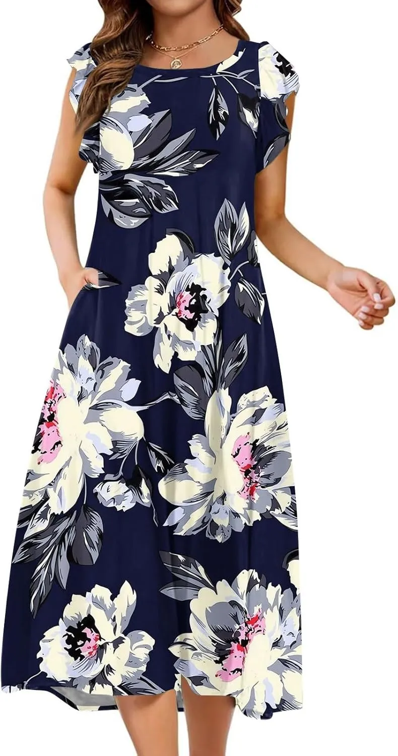 Women's Summer Floral Midi Dresses with Pockets, Flared Sleeve Round Neck Flowy Long Beach Beach Sundress