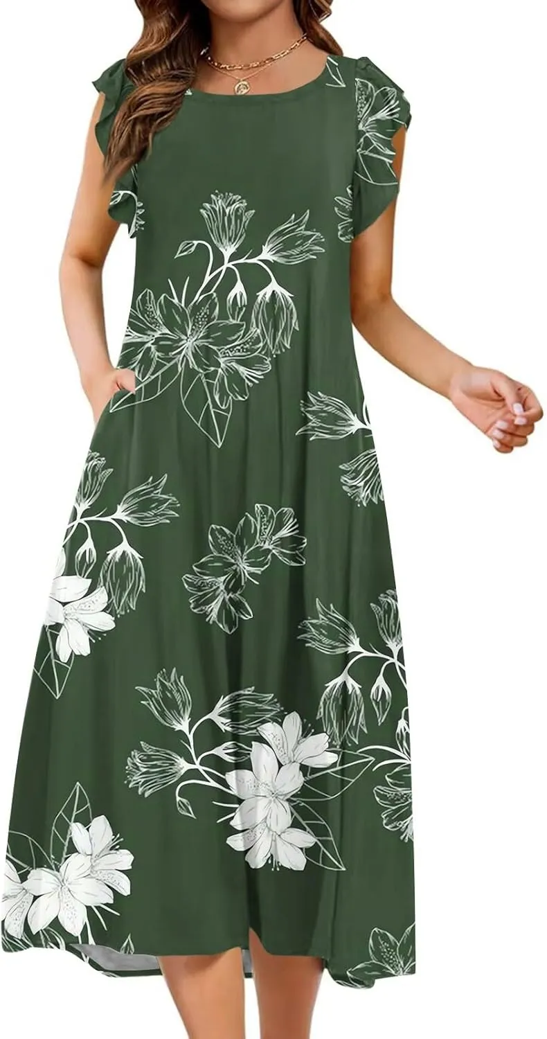 Women's Summer Floral Midi Dresses with Pockets, Flared Sleeve Round Neck Flowy Long Beach Beach Sundress