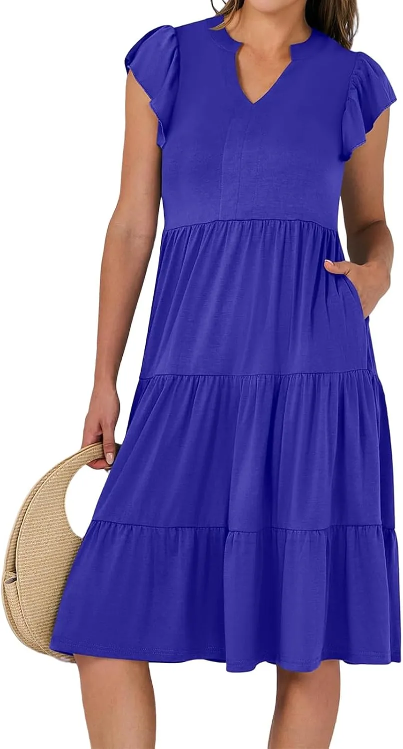 Womens Summer Short Sleeve Casual Dresses V-Neck A Line Work Formal Wedding Guest Midi Dress