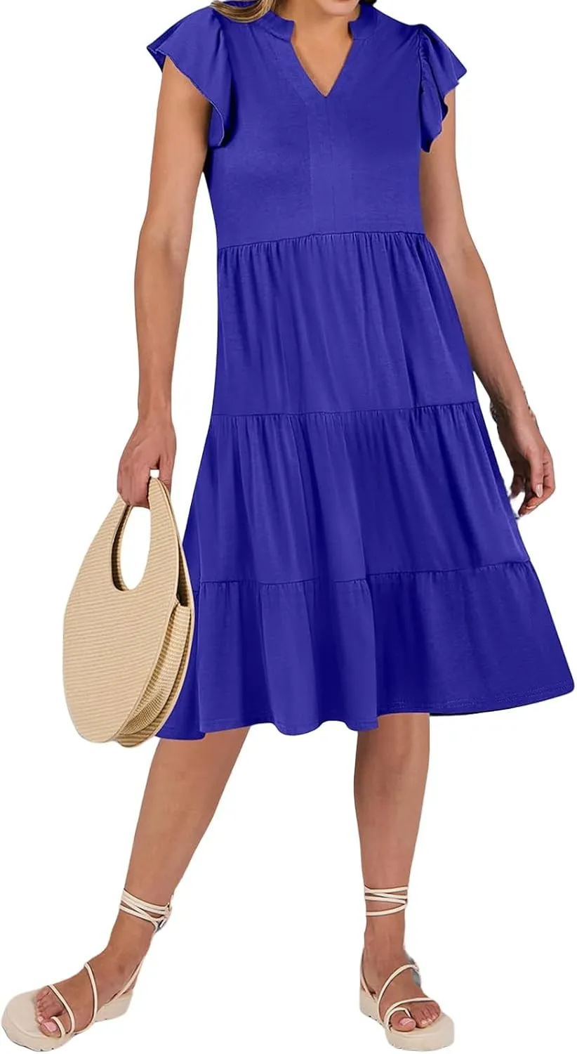 Womens Summer Short Sleeve Casual Dresses V-Neck A Line Work Formal Wedding Guest Midi Dress