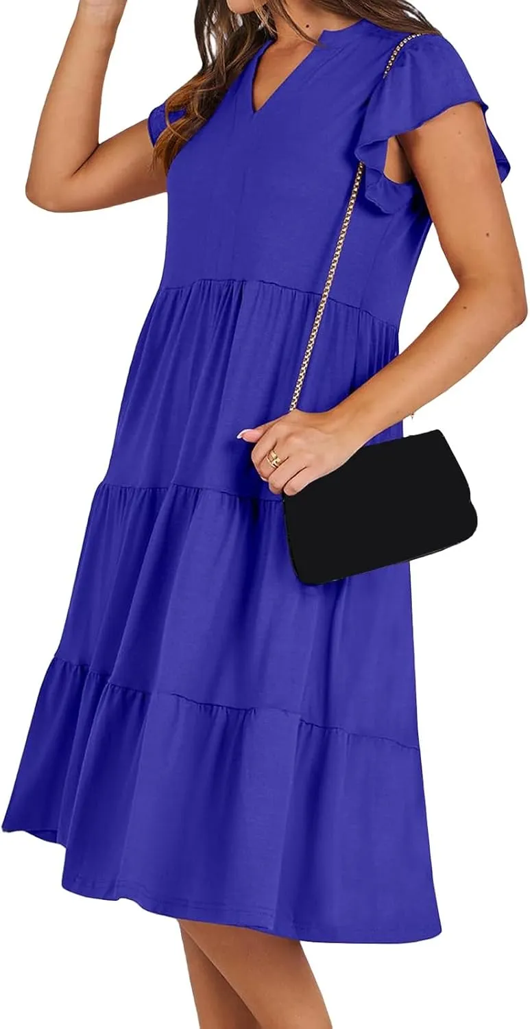 Womens Summer Short Sleeve Casual Dresses V-Neck A Line Work Formal Wedding Guest Midi Dress