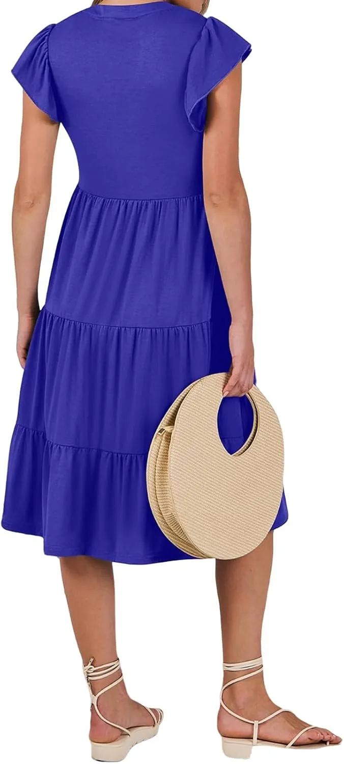 Womens Summer Short Sleeve Casual Dresses V-Neck A Line Work Formal Wedding Guest Midi Dress
