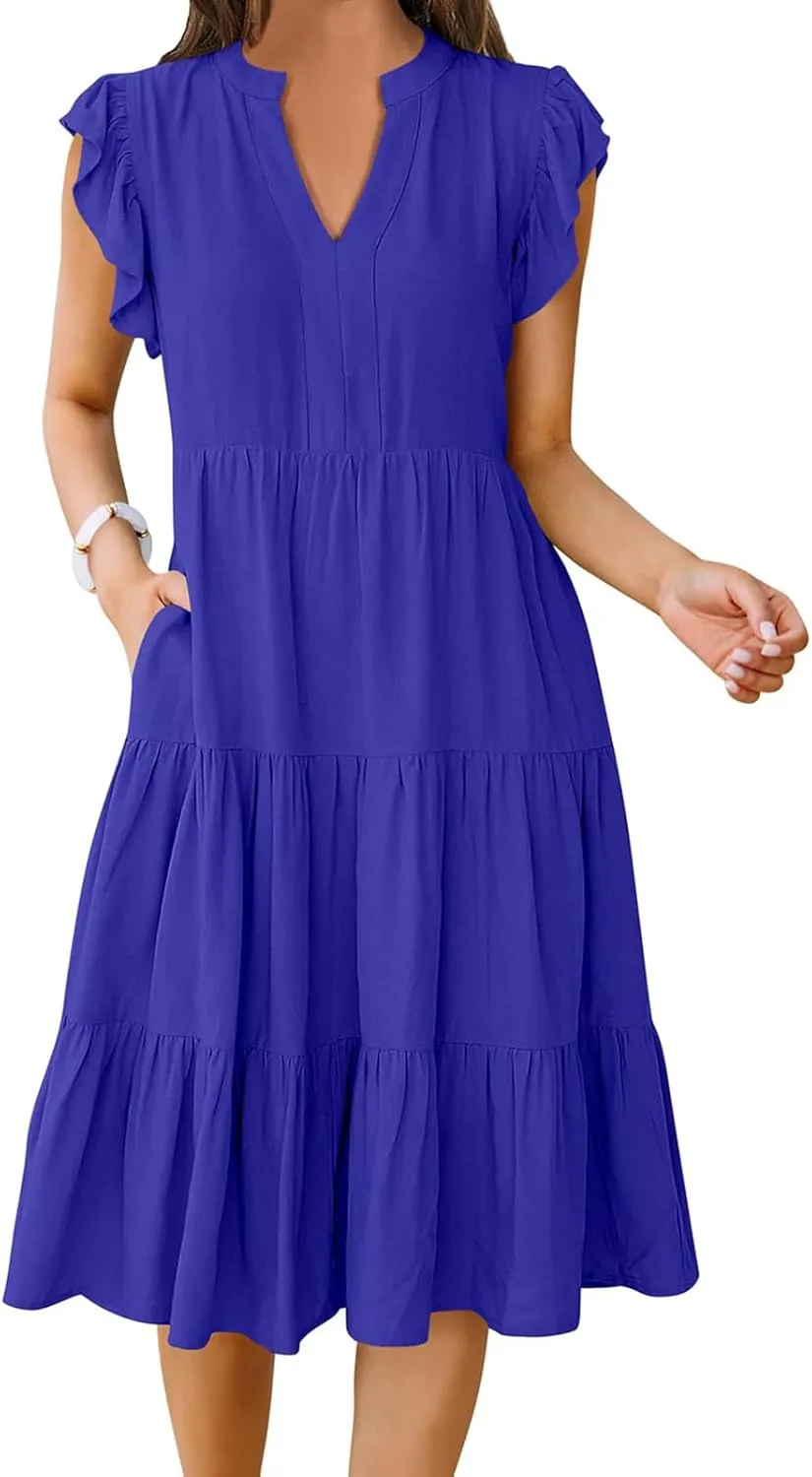 Womens Summer Short Sleeve Casual Dresses V-Neck A Line Work Formal Wedding Guest Midi Dress