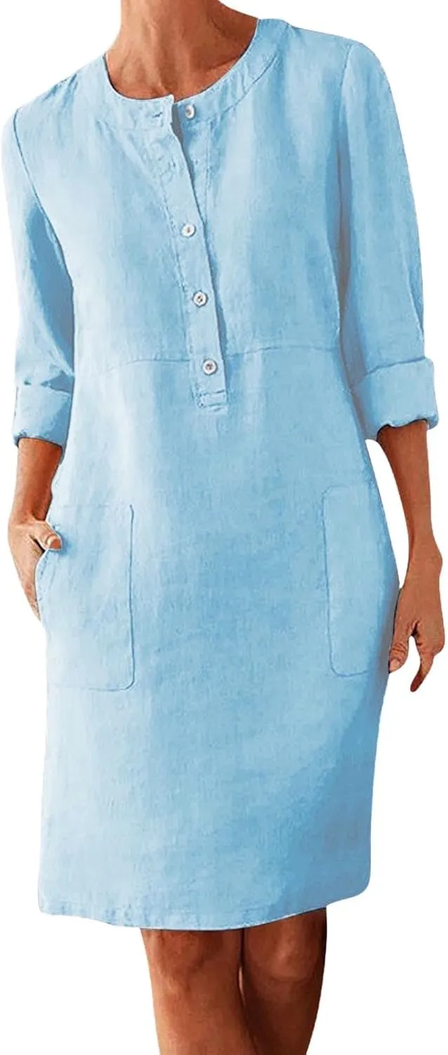 XOWRTE Work Dresses for Women 2025 Spring Business Formal Long Sleeve Dress Cotton Linen Button Down Elegant Office Outfits