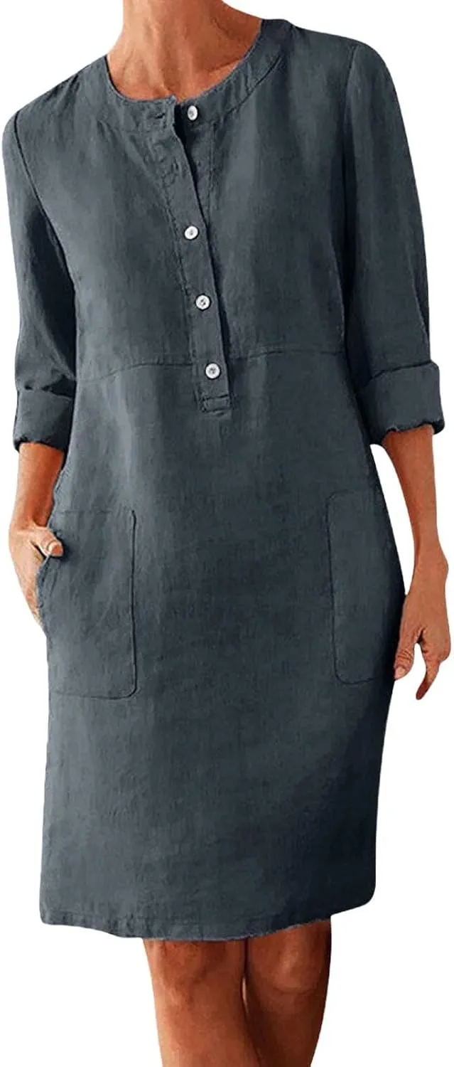 XOWRTE Work Dresses for Women 2025 Spring Business Formal Long Sleeve Dress Cotton Linen Button Down Elegant Office Outfits