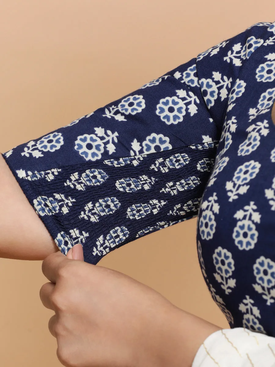 Yukta x Rozaana | Elbow Sleeves Cotton Saree Blouse in Indigo Blue Flower Block Print Fabric