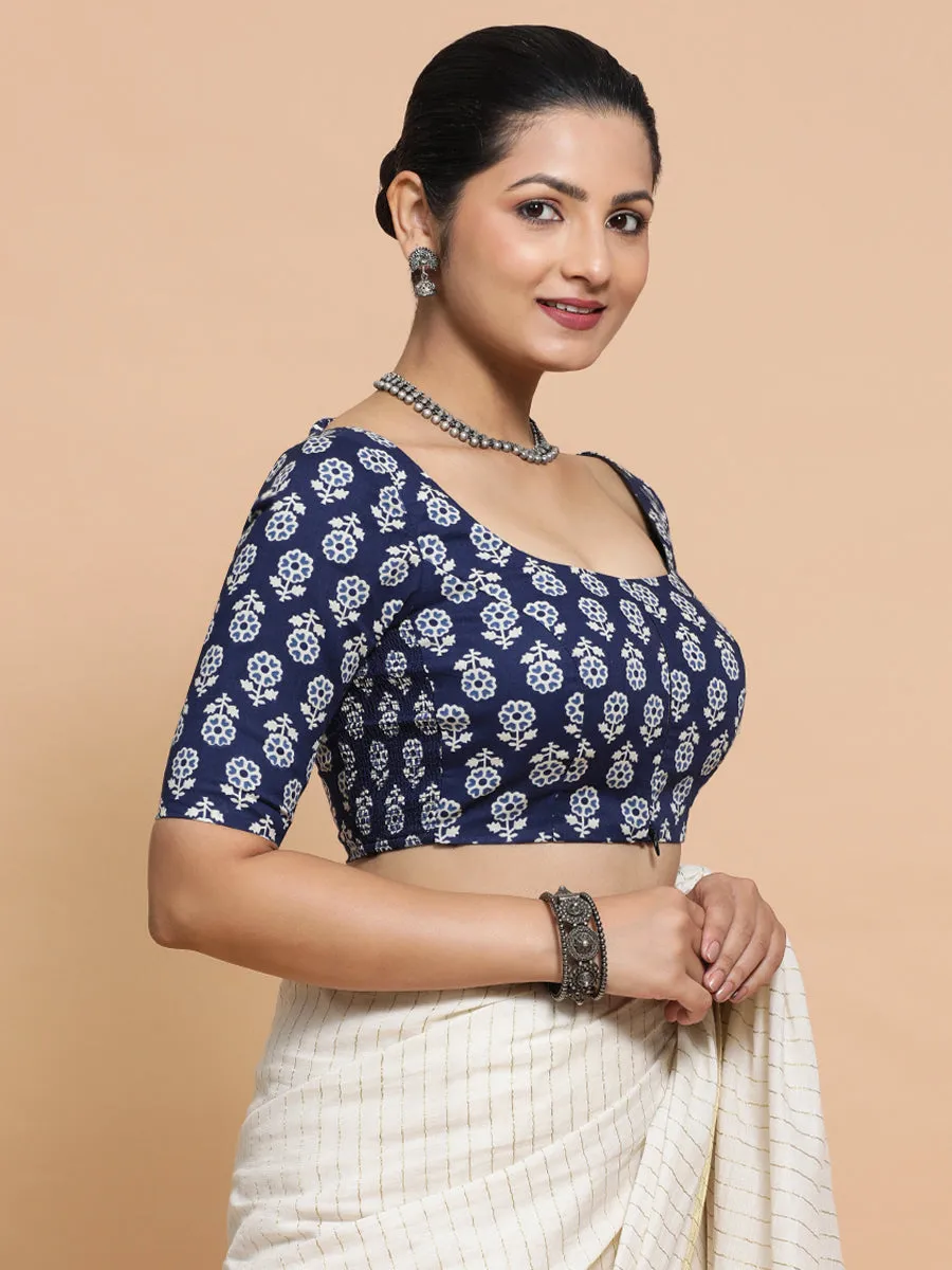 Yukta x Rozaana | Elbow Sleeves Cotton Saree Blouse in Indigo Blue Flower Block Print Fabric