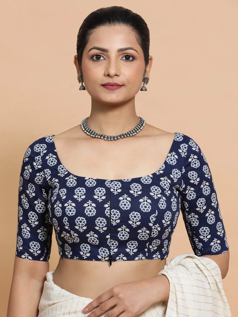 Yukta x Rozaana | Elbow Sleeves Cotton Saree Blouse in Indigo Blue Flower Block Print Fabric
