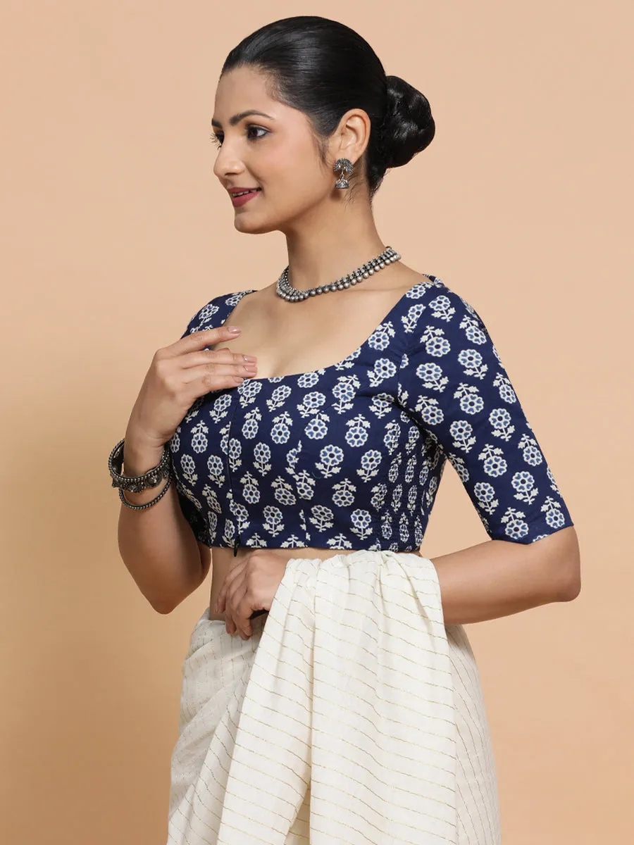 Yukta x Rozaana | Elbow Sleeves Cotton Saree Blouse in Indigo Blue Flower Block Print Fabric