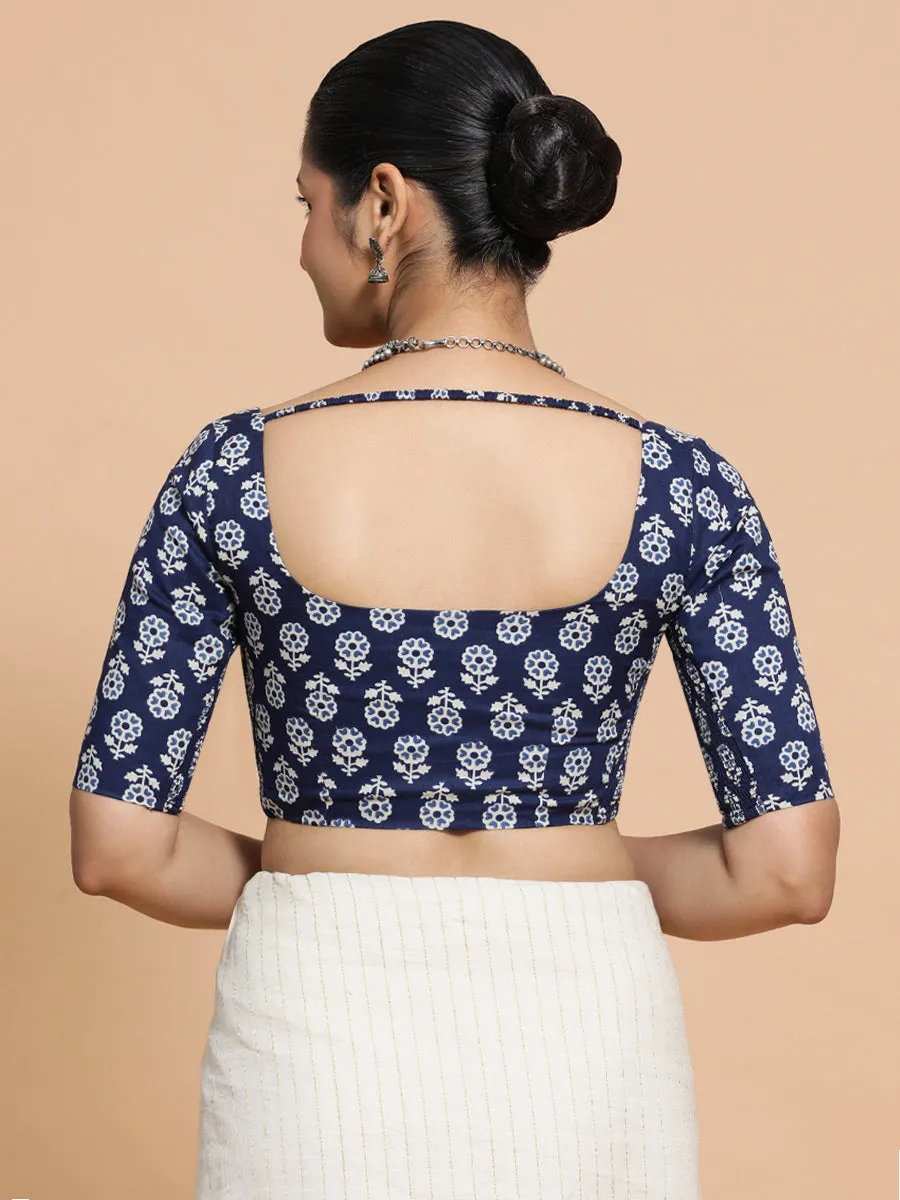 Yukta x Rozaana | Elbow Sleeves Cotton Saree Blouse in Indigo Blue Flower Block Print Fabric