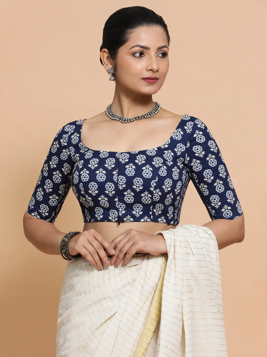 Yukta x Rozaana | Elbow Sleeves Cotton Saree Blouse in Indigo Blue Flower Block Print Fabric