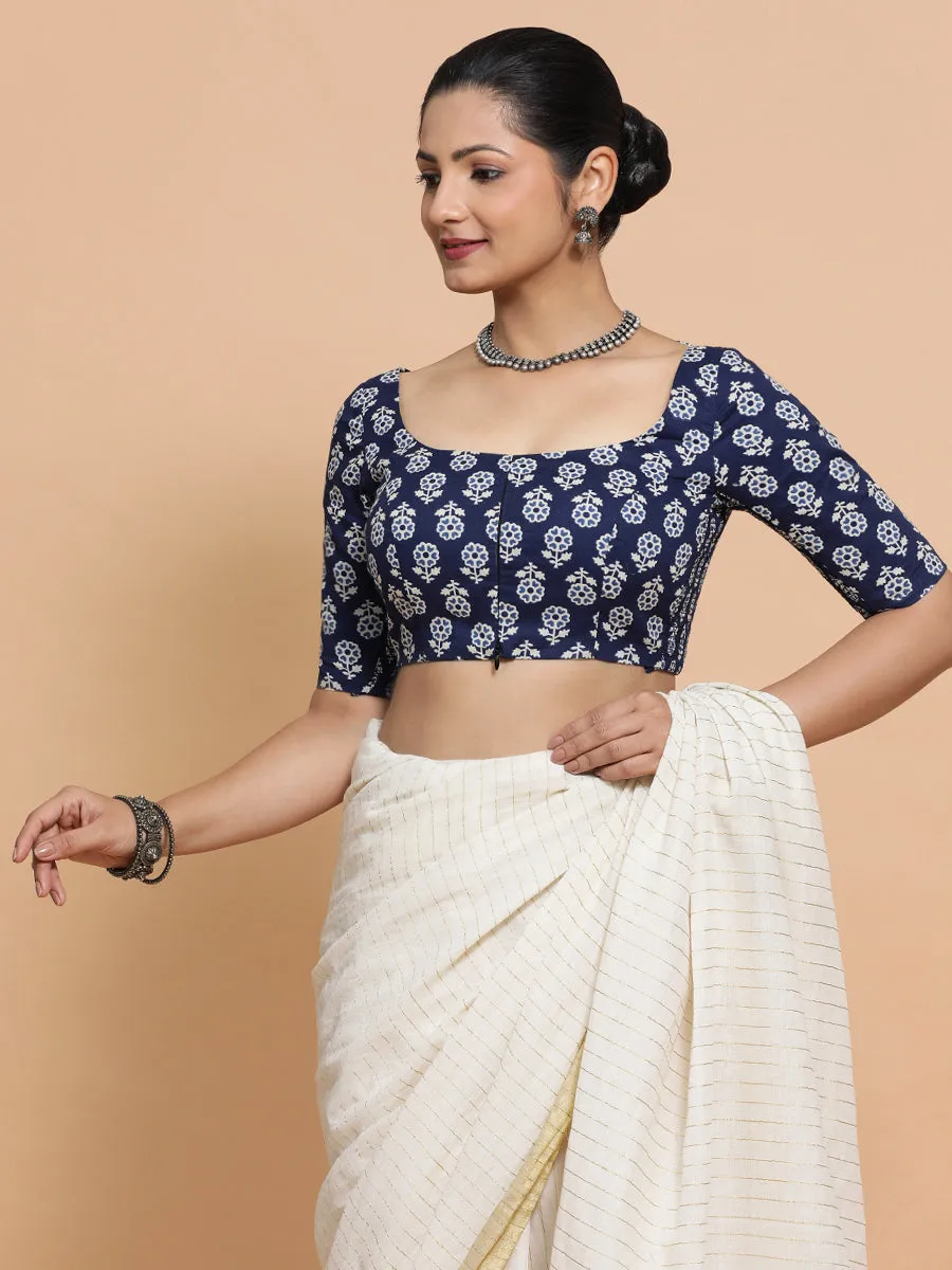 Yukta x Rozaana | Elbow Sleeves Cotton Saree Blouse in Indigo Blue Flower Block Print Fabric