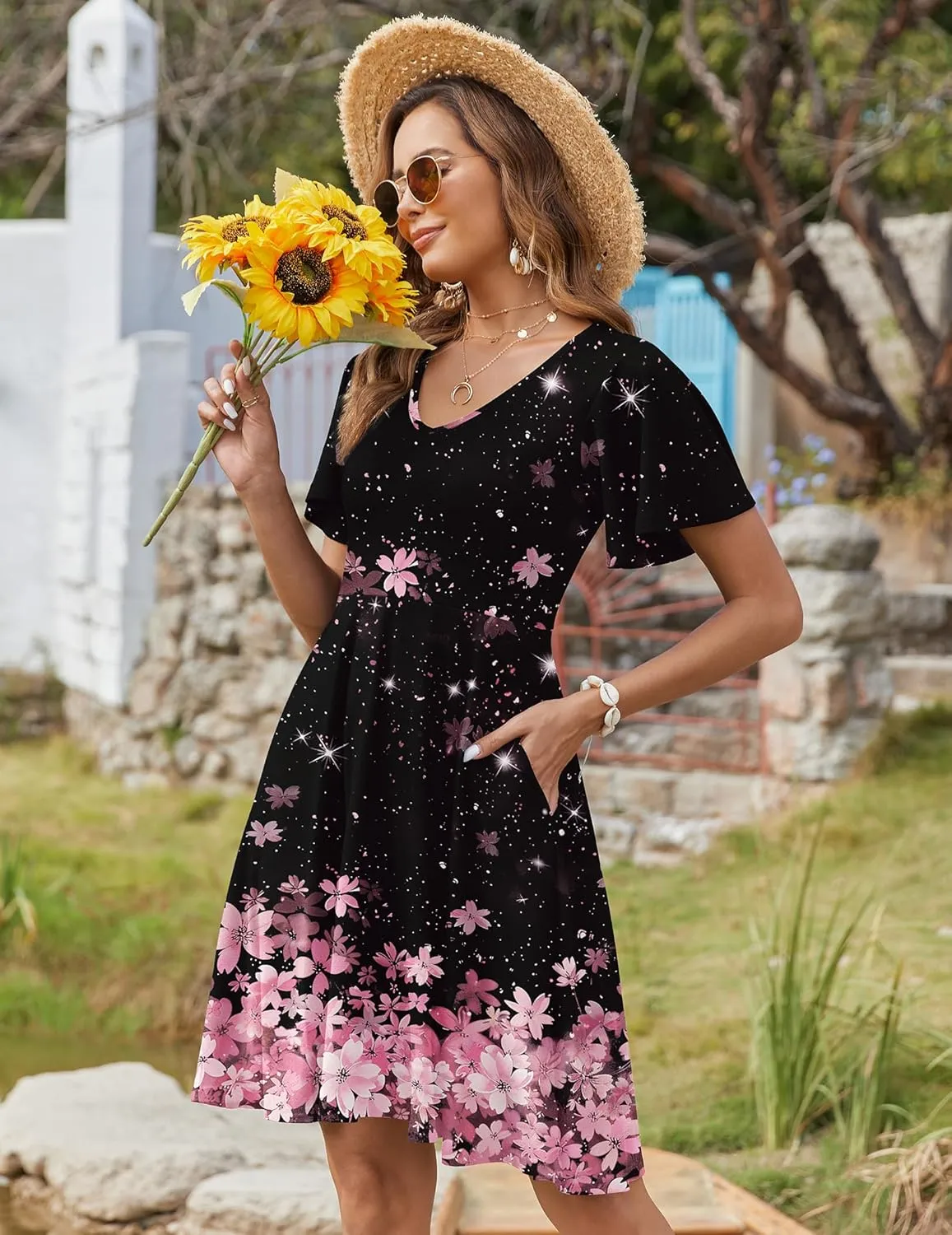 Zeagoo Womens Casual Swing Floral Ruffle Short Sleeve Sundresses